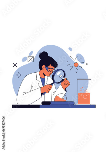 Scientist examining specimen with magnifying glass conducting laboratory research and discovery