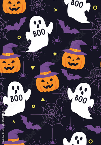 Happy halloween decorations with cute ghosts pumpkins bats and spiders web theme