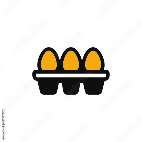 Three eggs in a black and white carton on a transparent background  
