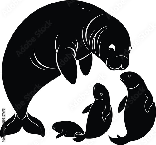 Gentle Black Silhouette of a Manatee Mother with Three Calves in Water Keywords: manatee, sea cow, calf