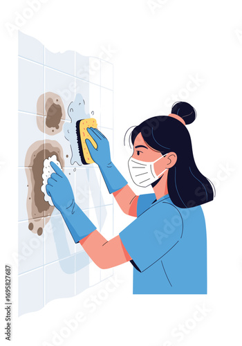 Woman wearing mask and gloves cleaning moldy bathroom tiles with a sponge and scrub brush in a bright clean home environment