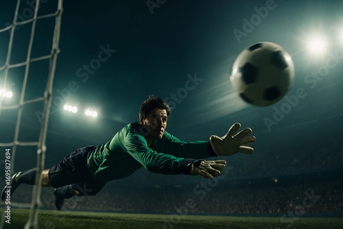 Goalkeeper dives to block soccer ball during a night game in a stadium arena