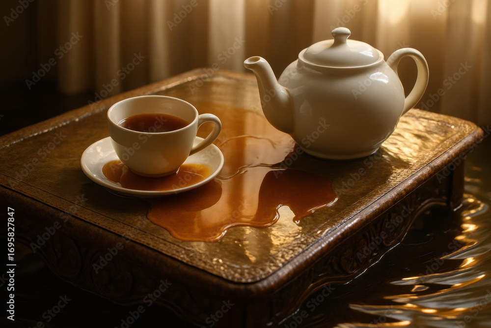 Fototapeta premium Overflowing teacup with brown tea spilling onto wooden table beside white porcelain teapot in soft morning sunlight