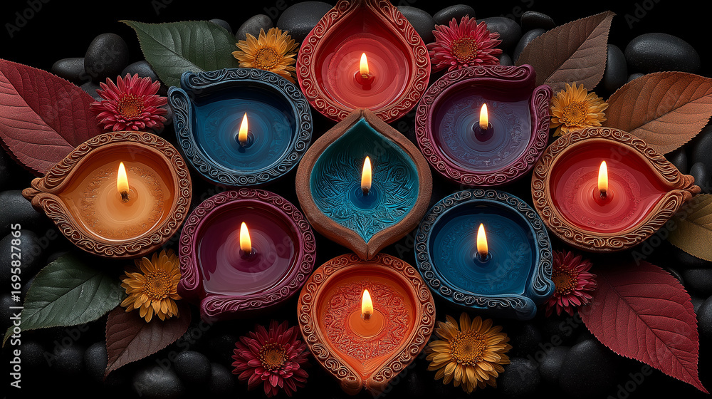 Naklejka premium Diwali symbol concepts with light drop splash isolated on dark background, Greeting card for Happy Diwali Festival of light with clay Diya lamps.