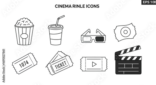 Cinema icons: popcorn, drink, 3D glasses, tickets, and clapperboard.