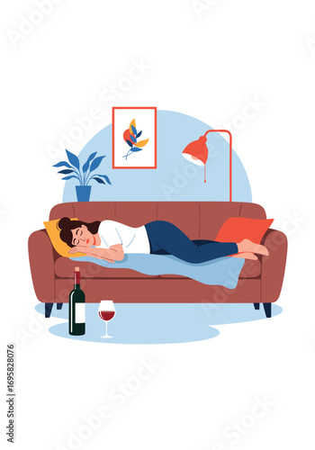 Woman relaxing on a couch with a bottle of wine and a glass feeling tired and exhausted after a long day