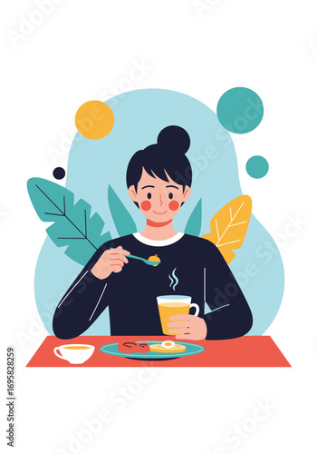 A young woman enjoys a healthy and delicious breakfast in a bright and cheerful setting surrounded by nature