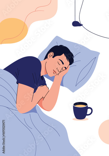 A man peacefully sleeping in bed next to a cup of coffee on a warm morning light