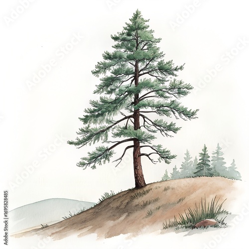Watercolor Illustration of a Pine Tree on a Hillside with Distant Evergreen Forest