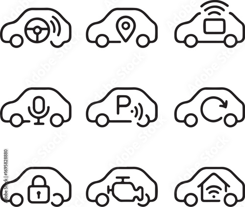 Modern car technology icons showcasing smart features like navigation, voice control, and connectivity