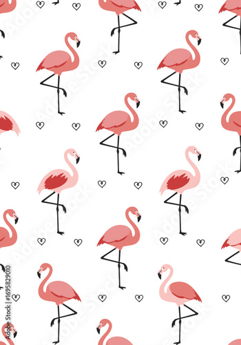 Charming pink flamingos standing gracefully on one leg with cute heart and swirl decorations