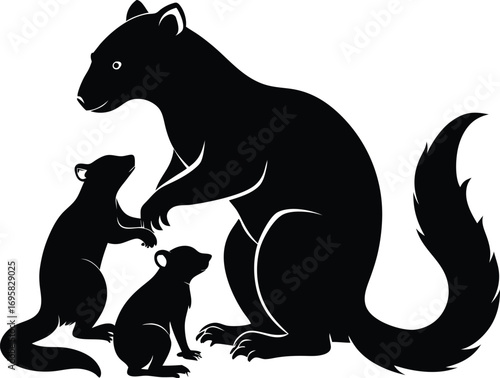 Silhouette of a Ferret Family with Parent and Two Young on White Background Keywords: ferret, family