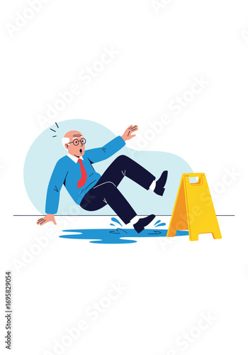 Elderly man slipping on wet floor near warning sign due to unsafe conditions in public area