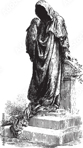 Hooded statue in robes stands on a pedestal with detailed engraving. Gothic and mysterious vector illustration in black and white.