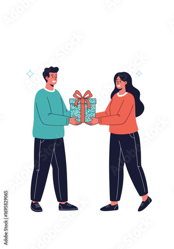 A man gives a gift to a woman a surprise present exchange between two people