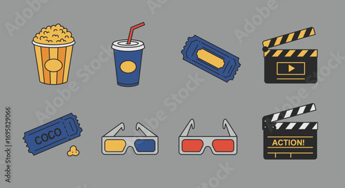 Movie night icons: popcorn, drink, tickets, 3D glasses, and clapperboards on gray background.