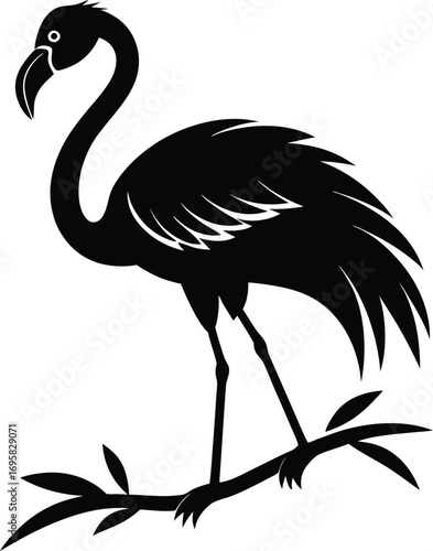Silhouette of a flamingo standing on a branch with leaves bird black and white