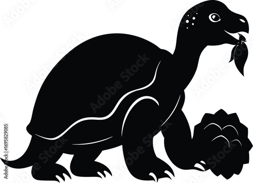 Silhouette of a happy tortoise eating a leaf on a white background turtle animal