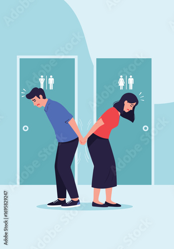 Couple arguing behind bathroom doors unable to reconcile their differences in public restroom stalls