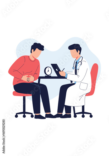 Patient consultation with doctor discussing abdominal pain and health checkup details on clipboard
