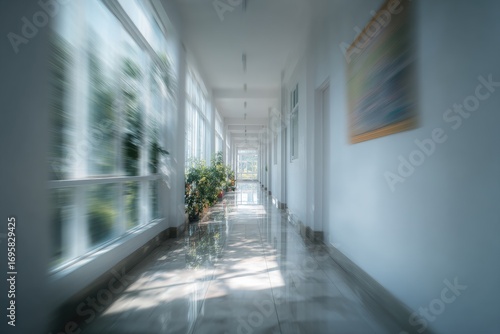 A long, light hallway with motion blur