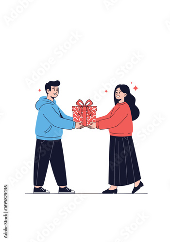 A young man gives a wrapped present to a young woman a thoughtful gesture of kindness and generosity