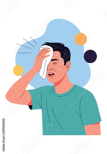 Young man feeling extremely hot and sweaty wiping his forehead with a towel during a summer day