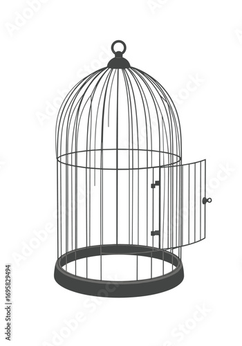 An empty ornate birdcage with its door open symbolizing freedom and escape from confinement