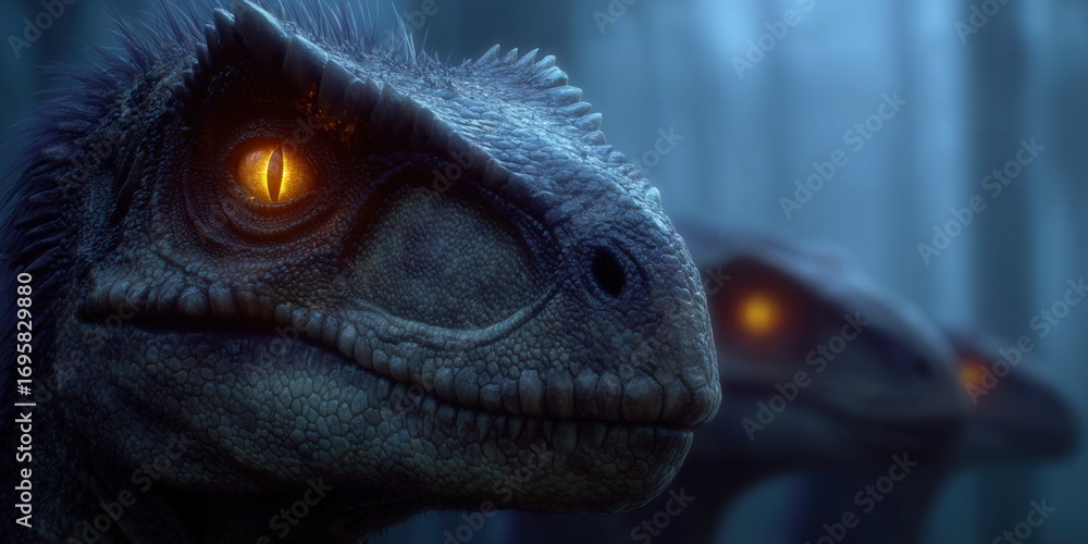 Naklejka premium A detailed view of a raptor with glowing eyes, set in a moody, atmospheric scene.