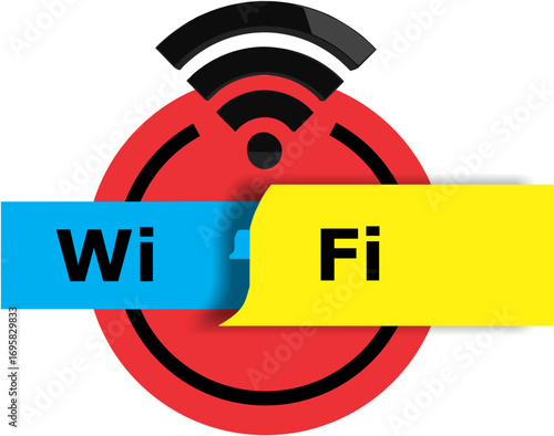 A modern graphic design icon representing Wi-Fi, featuring the text split across a colorful banner and a signal symbol.