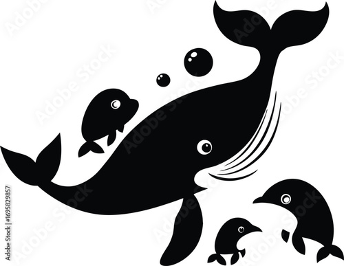 Whales and dolphins family swimming with bubbles on white background Keywords: whale, dolphin, baby dolphin