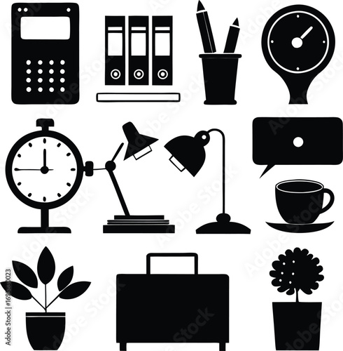 Office Desk Icons: Black & White Vector Illustration of Calculator, Binders, Clock, Lamps, Coffee, Plants, Briefcase, & Stationery