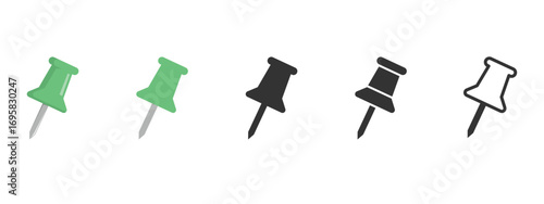 Push pin“Vector push pin set in green, black, and outline styles. Thumbtack icons for office stationery, corkboards, reminders, notes, maps, planners, and digital design projects.