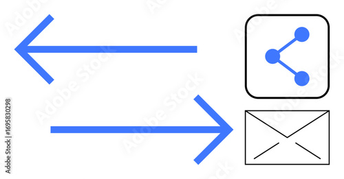 Two blue arrows point in opposite directions near sharing and email envelope icons. Ideal for communication, sharing, networking, technology, connection, online interaction, simple landing page