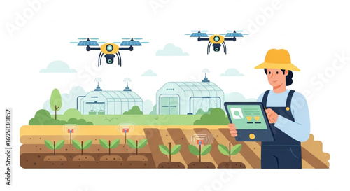 drone sprayer flat vector  illustration,  innovative generation smart farming concept 