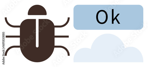 Beetle icon beside Ok text and cloud symbol, representing debugging, error resolution, and system status. Ideal for software development, troubleshooting, coding, testing, reliability maintenance