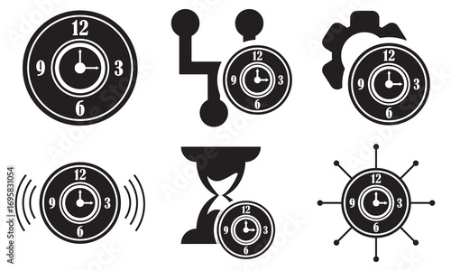Collection of modern time and clock icons. Icons related to time, clocks, alarm, deadlines, schedules, and punctuality, useful for apps, websites, or infographics.

