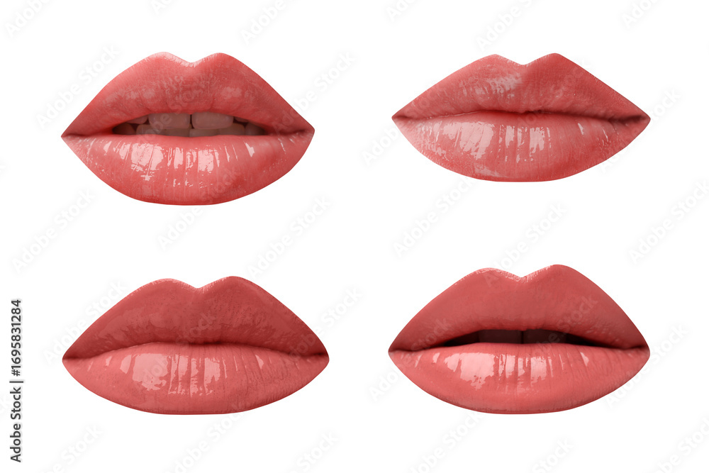 Obraz premium Female lips with coral lipsticks on white background, collage