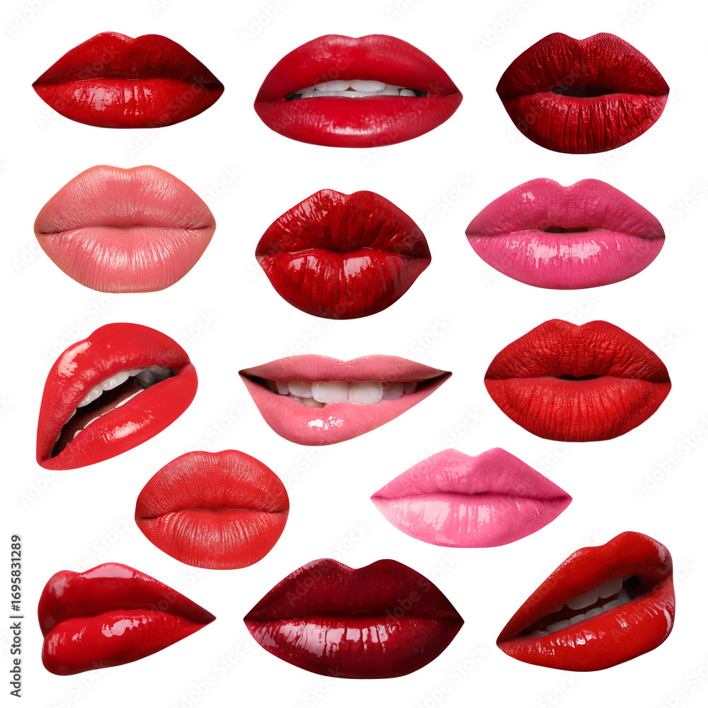 Obraz premium Female lips with lipsticks of different shades on white background, collage