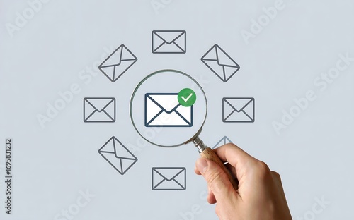 Hand with email symbol. Magnifying glass reveals checked email icon surrounded by other outlined envelopes, symbolizing successful communication and inbox verification for modern business needs