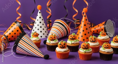 Get ready to celebrate Halloween with festive pumpkin cupcakes and party hats for an unforgettable spooky gathering with friends