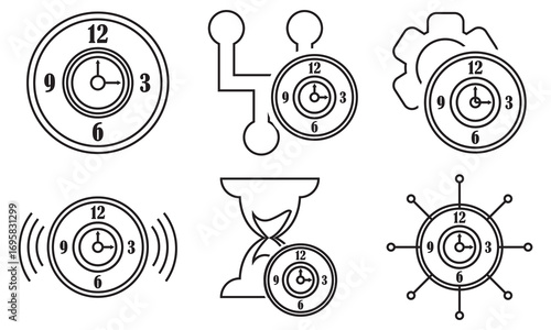 Collection of modern time and clock icons. Icons related to time, clocks, alarm, deadlines, schedules, and punctuality, useful for apps, websites, or infographics.

