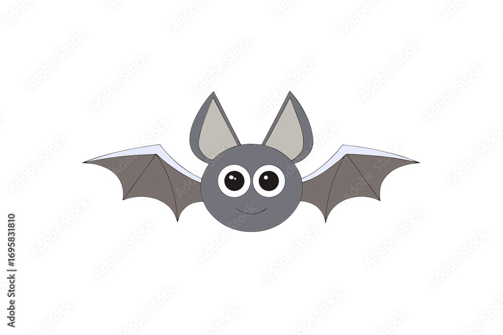 Fototapeta premium Cute cartoon bat with gray body, large eyes and friendly smile expression, isolated on a transparent background