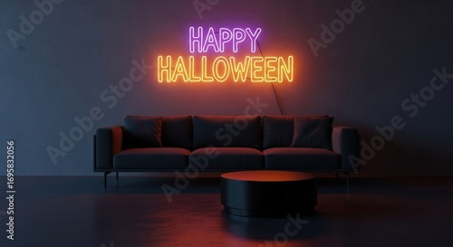 Modern living room ready for Halloween night with a neon sign glowing above a sleek sofa and table, perfect for spooky season vibes