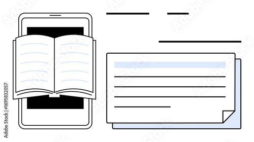 Open book placed on smartphone screen with text document beside it, symbolizing blended learning. Ideal for education, e-learning, digital literacy, innovation, studying, creativity, simple flat