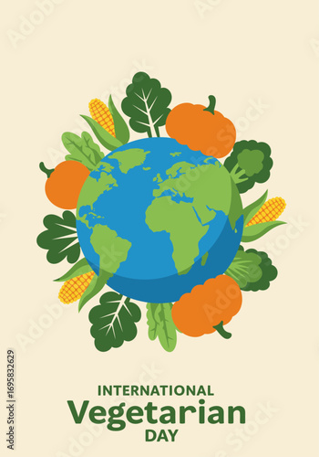 Celebrating International Vegetarian Day with a vibrant illustration of our Earth embraced by fresh, wholesome vegetables, promoting plant-based diets and sustainable living worldwide