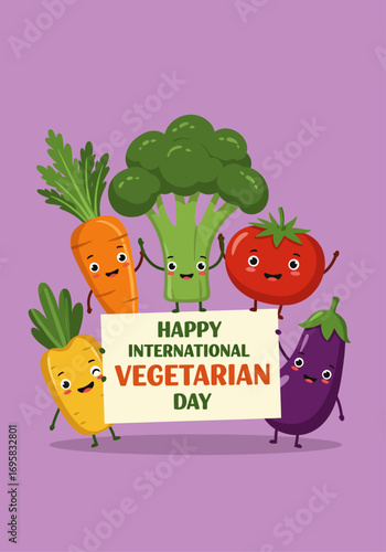 Happy International Vegetarian Day Celebrating with Fun Vegetable Characters and a Cheerful Message