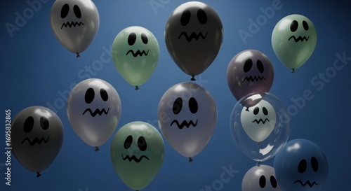 Spooky Halloween fun with colorful ghost balloons floating against a dark blue background for festive party decorations and celebrations