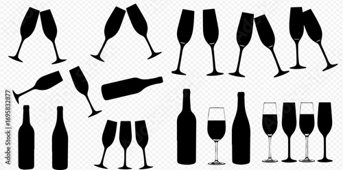 Collection of black silhouettes featuring various wine and champagne bottles with elegant glasses for celebrations.