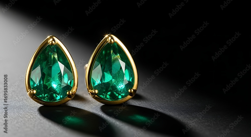 Fototapeta premium Elegant Emerald and Gold Pear Drop Earrings on Dark Background